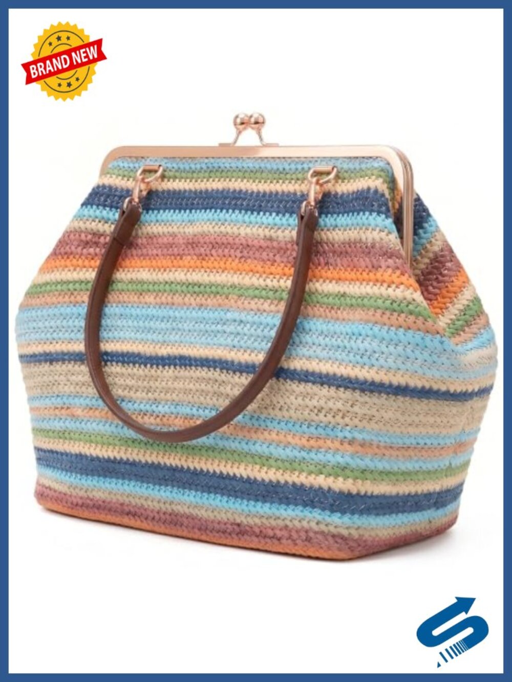 Straw Kiss Lock Tote Handbag Bohemian Shoulder Bag Large Vegan Straw Purse